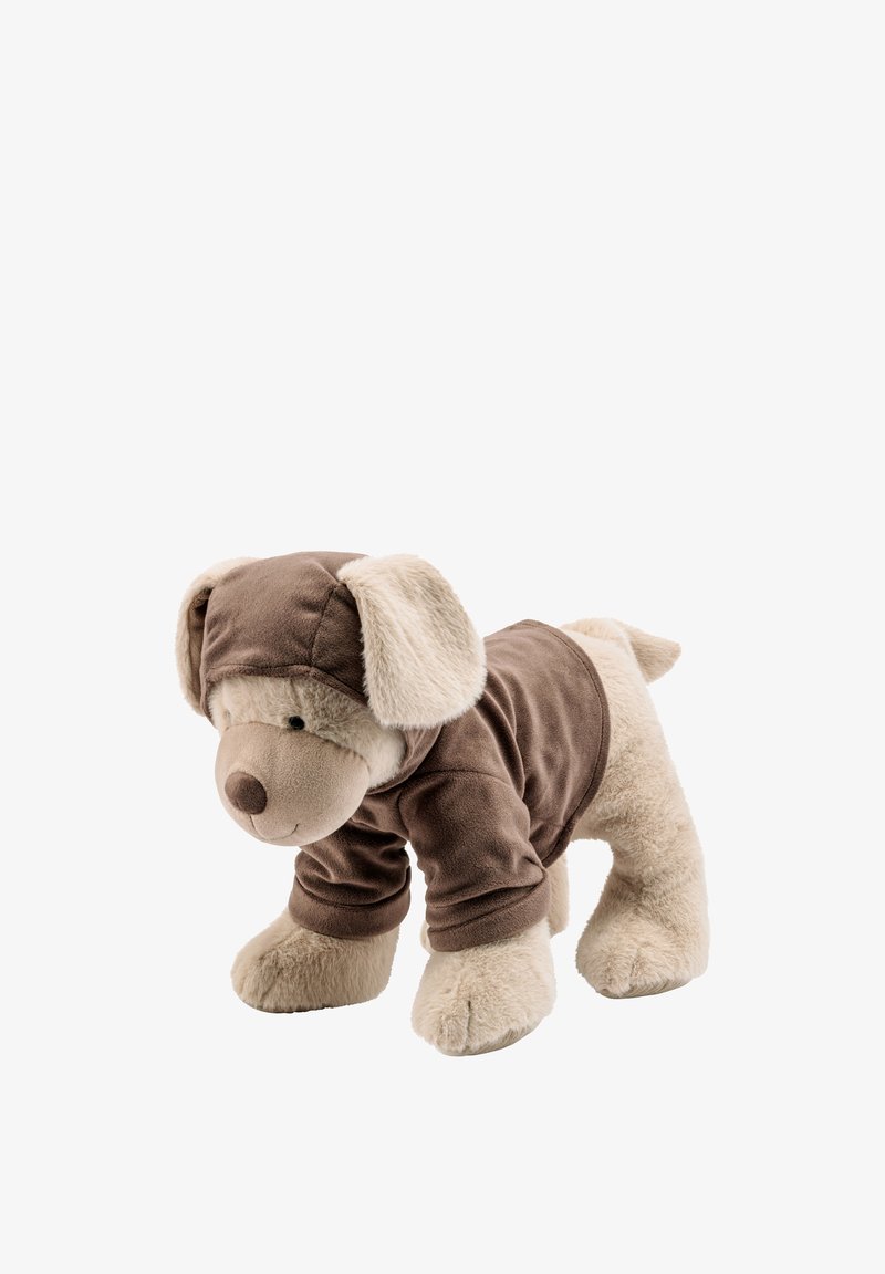 Brown plush toy dog with light tan face and paws, wearing a brown hoodie. Soft, round features, floppy ears, and small nose.