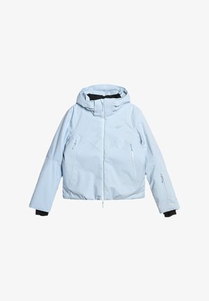 Hellblaue isolierte Jacke mit Kapuze, Reißverschluss vorne, zwei seitlichen Reißverschlusstaschen und schwarzen inneren Handgelenkbündchen.