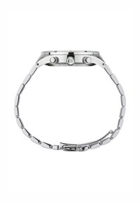 Montre en acier inoxydable argenté avec un boîtier poli, deux boutons-poussoirs et un bracelet à maillons. Le design est élégant et fonctionnel.