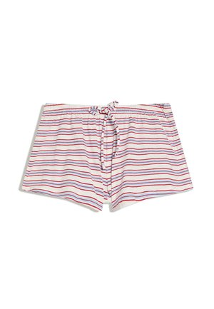 Hvide shorts med røde og blå vandrette striber, elastisk linning og snøre til at binde foran.