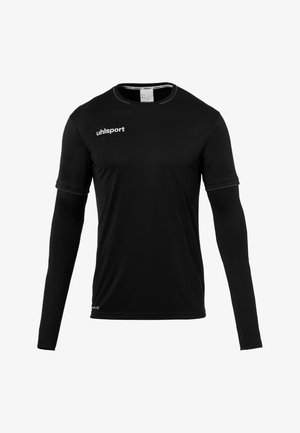 Schwarzes Sportshirt mit langen Ärmeln aus leichtem Stoff. Verfügt über kontrastierende weiße Nähte und das "uhlsport"-Logo auf der Brust.