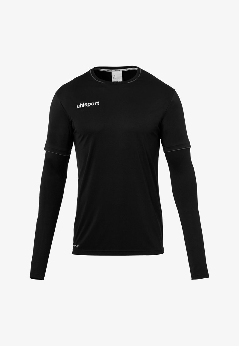 T-shirt de sport noir à manches longues en tissu léger. Présente des coutures blanches contrastantes et le logo "uhlsport" sur la poitrine.
