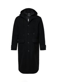 Manteau long noir à capuche avec fermeture à boutons, deux poches avant à rabat et doublure zippée, conçu pour les temps froids.
