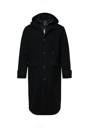 Langer schwarzer Kapuzenmantel mit Knopfverschluss, zwei Frontklappentaschen und Reißverschlussunterlage, für kaltes Wetter konzipiert.