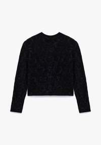Schwarzer, kurz geschnittener Pullover mit langen Ärmeln, strukturiertem Stoff und subtilen, glänzenden Akzenten. Er hat einen runden Ausschnitt und keine sichtbaren Verschlüsse.