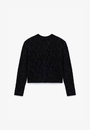 Schwarzer, kurz geschnittener Pullover mit langen Ärmeln, strukturiertem Stoff und subtilen, glänzenden Akzenten. Er hat einen runden Ausschnitt und keine sichtbaren Verschlüsse.