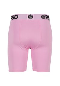 Boxer rosa con fascia elastica nera e rosa con loghi PSD e pannello in tessuto a rete al centro anteriore.