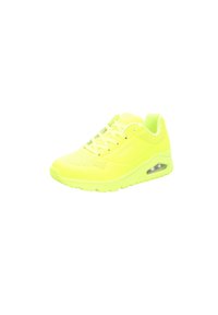 Lekkie sneakers w jaskrawym neonowym żółtym kolorze, z siateczkową cholewką, sznurowanym zapięciem, wyściełaną podeszwą z jednostką powietrzną oraz teksturowanymi akcentami.