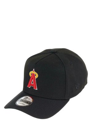 Black baseball cap featuring an embroidered red capital "A" with a yellow halo. Includes a curved visor and adjustable strap at the back.