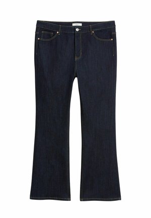 Donkerblauwe uitlopende jeans van denim, met vijf zakken, een knoopsluiting en contrasterende gele stiksel. Gladde textuur.