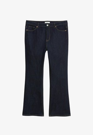 Dunkelblaue Schlagjeans aus Denim, mit fünf Taschen, einem Knopfverschluss und kontrastierenden gelben Nähten. Glatte Textur.