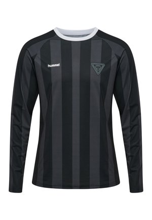 Langærmet sportstrøje med sorte og mørkegrå lodrette striber, hvid rund hals, hummel-logo på venstre bryst og trekantet emblem på højre bryst.