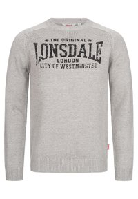 Gray knitted sweater with ribbed cuffs and hem. Features a black graphic print stating "THE ORIGINAL LONSDALE LONDON CITY OF WESTMINSTER."