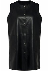 Schwarzes, ärmelloses Kleid aus Leder mit rundem Ausschnitt, vorderer Knopfverschluss und zwei Seitentaschen. Besticht durch eine glatte Textur und ein klares Design.