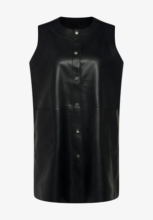 Sort læder udenærmet kjole med rund halsudskæring, frontknaplukning og to sidelommer. Har en glat tekstur og et rent design.