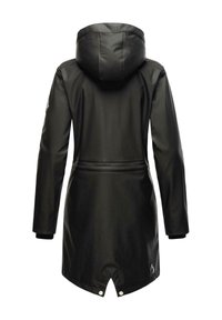 Black waterproof coat with a hood, cinched waist, long sleeves, and a rounded hem. Features a logo on the sleeve and snap closures.