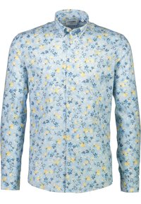 Blommig skjorta i ljusblått tyg med gula och blå blommor, långa ärmar, knäppkrage och fem knappar fram.