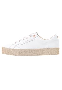 White leather low-top sneakers with a textured beige platform sole. Features rose-gold accents and branded side logo. Lightly cushioned interior.