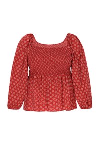Rød bluse med firkantet udskæring, lange puffærmer og smockede detaljer. Har et lille cirkulært hvidt mønster gennem hele blusen.