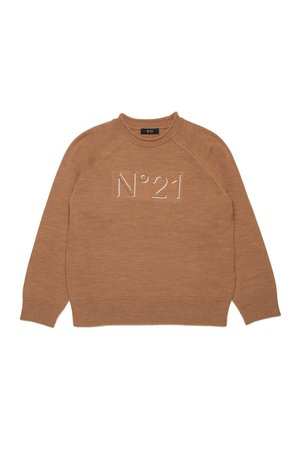 Suéter marrón de punto con cuello redondo y mangas raglán. Presenta un bordado "N°21" en la parte delantera, tejido texturizado y puños y dobladillo acanalados.