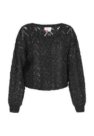 Mustavilla neulevillatakilla, jossa on lyhyt malli, pyöreä pääntie, pitkät hihat, napit ja teksturoitu, avoin kuvio.