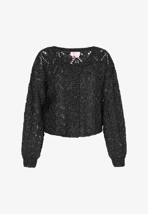 Čierny pletený kardigán s krátkym strihom, s okrúhlym výstrihom, dlhými rukávmi, zapínaním na gombíky a textúrovaným otvoreným vzorom.