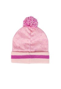 Roze gebreide muts met een pompon, voorzien van een herhalend patroon van figuren en een effen roze omslag met een paarse streep.