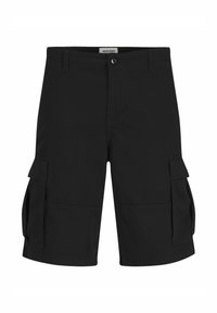 Czarne szorty cargo z zapięciem na guzik, dwoma kieszeniami bocznymi oraz jedną kieszenią na klapkę po każdej stronie. Wykonane z trwałego materiału o gładkiej fakturze.
