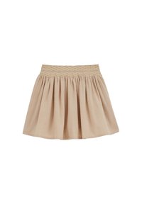 Bēša skrejritenis svārki ar ruļļu jostasvietu, kurā ir dzeltens rotājums. Teksturēts audums piešķir vieglu apjomu un kustību.