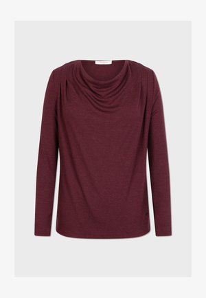 Top a maniche lunghe borgogna con scollo drappeggiato, caratterizzato da dettagli arricciati sulle spalle e una texture di tessuto liscia e morbida.