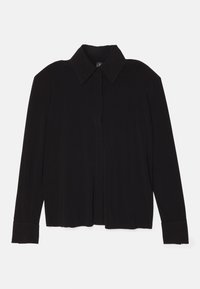 Black long-sleeve shirt made of soft fabric, featuring a classic collar, front button closure, and wide cuffs with a relaxed fit.