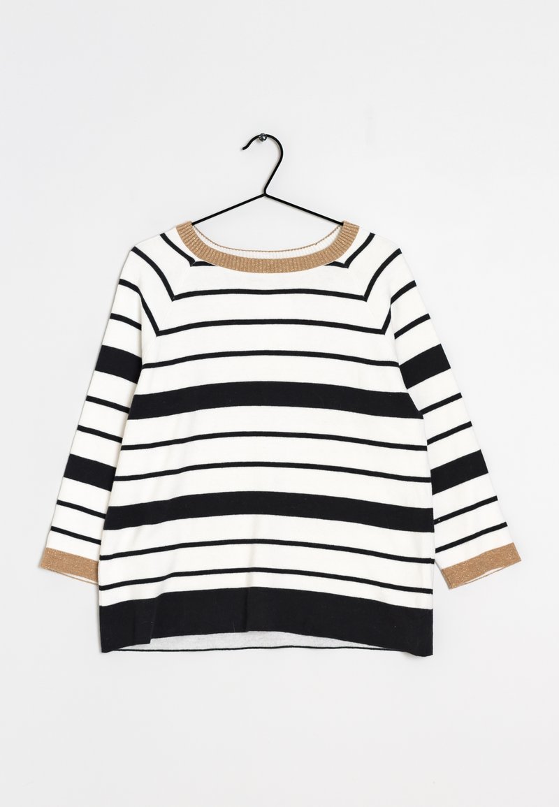 Gestreepte trui met lange mouwen, met afwisselende zwarte en witte strepen, en een beige geribde halslijn en manchetten. Zachte stoftextuur.