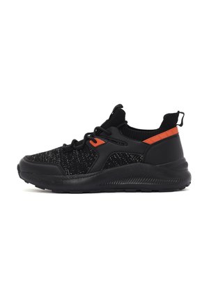 Black athletic shoes with a textured knit upper, black rubber sole, and orange accents. Features a slip-on design and cushioned heel.