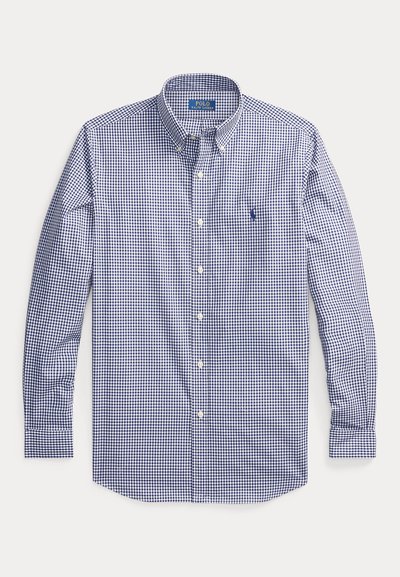 Heren overhemd met lange mouwen in marineblauw en witte ginghamruit. Heeft een klassieke kraag, knoopsluiting en een geborduurd logo.
