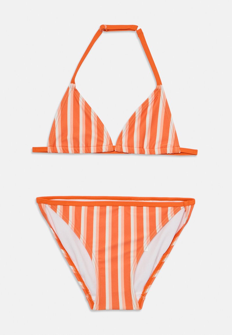 Oransje stripete bikini-sett med trekantet topp og matchende bunn. Har kontrasterende hvite og oransje vertikale striper, justerbare stropper.