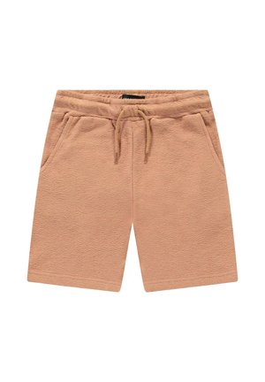 Beige katoenen shorts met een gestructureerd oppervlak, voorzien van een elastische tailleband, trekkoord en twee zijzakken.