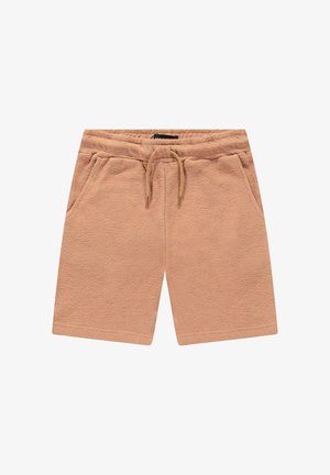 Beige katoenen shorts met een gestructureerd oppervlak, voorzien van een elastische tailleband, trekkoord en twee zijzakken.