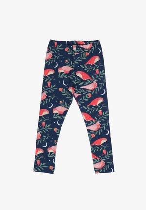 Marineblaue Leggings mit floralem Muster, das pinke Vögel, Monde und Erdbeeren zeigt. Elastischer Bund; weicher, dehnbarer Stoff.