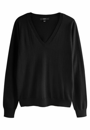 Black V-neck sweater made of soft fabric. Features long sleeves and ribbed cuffs with a relaxed fit, suitable for layering or casual wear.