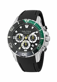 Orologio Nautica nero con cassa in acciaio inox, dettagli verde e argento, quadrante nero testurizzato e tre sottodial su cinturino in gomma.