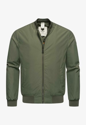 Olive green bomber jacket, made from smooth synthetic material, featuring a front zipper, ribbed cuffs, and side pockets.