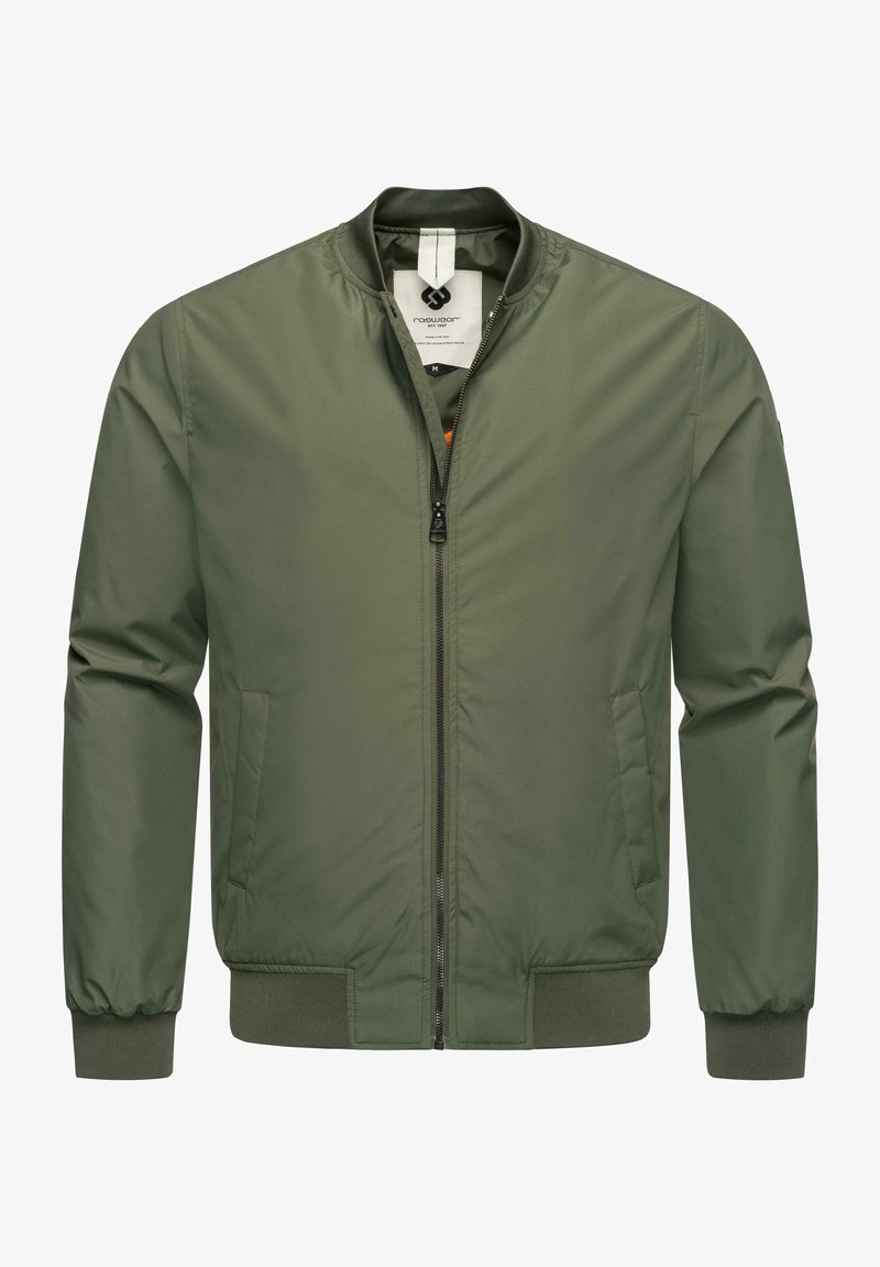 Oliivinvihreä bomber-takki, joka on valmistettu sileästä synteettisestä materiaalista, jossa on edessä vetoketju, ribbikuvioidut hihansuut ja sivutaskut.