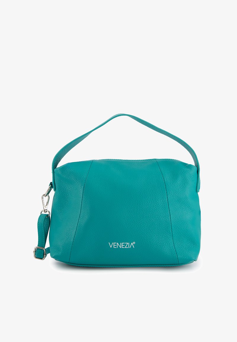 Teal leather handbag with a structured shape, adjustable shoulder strap, and silver hardware. Features a subtle logo embossed on the front.
