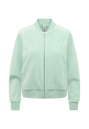 Light green zip-up bomber jacket with ribbed collar, cuffs, and hem, featuring a small round zipper pull and subtle logo on the chest.