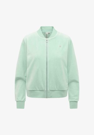 Lichtgroene bomberjack met rits, voorzien van een geribbelde kraag, manchetten en zoom, met een klein rond ritskoordje en een subtiel logo op de borst.