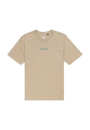 Beige bomulds T-shirt med rund halsudskæring og korte ærmer. Har "element" logo i teal på brystet. Glat tekstur og enkelt design.