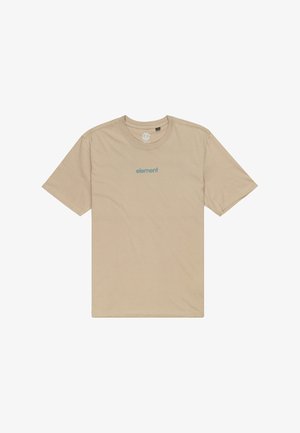Béžové bavlněné tričko s kulatým výstřihem a krátkými rukávy. Na hrudi je malováno logo "element" v barvě modro-zelená. Hladká textura a jednoduchý design.