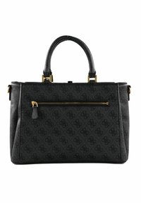 Sort tekstureret håndtaske med et struktureret design, guld hardware detaljer, top-hanke og en lynlåslomme foran med et logo mønster.
