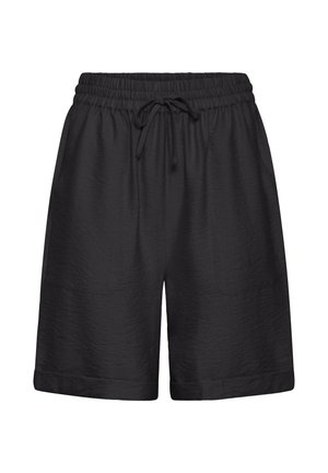 Zwarte casual shorts met elastische tailleband, trekkoord, zijzakken en omgeslagen zomen, gemaakt van lichtgewicht gestructureerde stof.