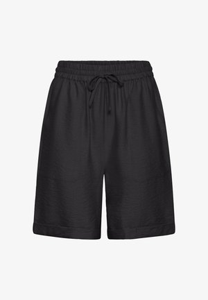 Zwarte casual shorts met elastische tailleband, trekkoord, zijzakken en omgeslagen zomen, gemaakt van lichtgewicht gestructureerde stof.